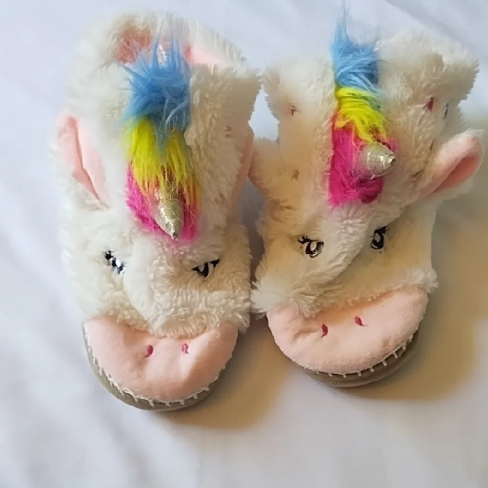 Unicorn Plush Slippers with Rainbow Mane